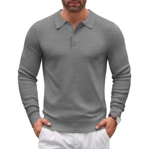 imageCOOFANDY Mens Knit Polo Sweater Long Sleeve Polo Sweaters Casual Knitted Button Collar Pullover SweaterDark Grey