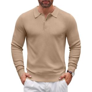imageCOOFANDY Mens Knit Polo Sweater Long Sleeve Polo Sweaters Casual Knitted Button Collar Pullover SweaterDark Khaki