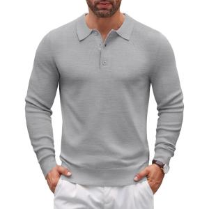 imageCOOFANDY Mens Knit Polo Sweater Long Sleeve Polo Sweaters Casual Knitted Button Collar Pullover SweaterLight Grey