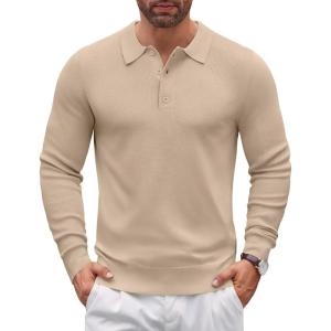 imageCOOFANDY Mens Knit Polo Sweater Long Sleeve Polo Sweaters Casual Knitted Button Collar Pullover SweaterLight Khaki