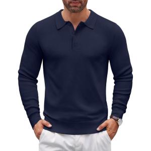 imageCOOFANDY Mens Knit Polo Sweater Long Sleeve Polo Sweaters Casual Knitted Button Collar Pullover SweaterNavy Blue