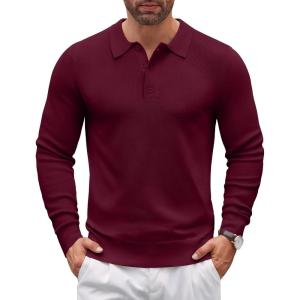 imageCOOFANDY Mens Knit Polo Sweater Long Sleeve Polo Sweaters Casual Knitted Button Collar Pullover SweaterWine Red