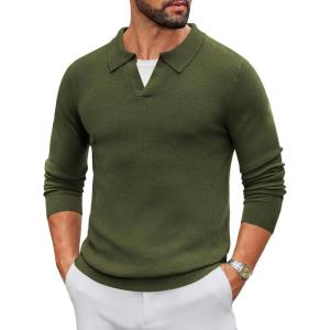 imageCOOFANDY Mens Knit Polo Sweater Long Sleeve VNeck Pullover Sweaters Casual Collared Ribbed Knitted PolosArmy Green