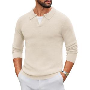 imageCOOFANDY Mens Knit Polo Sweater Long Sleeve VNeck Pullover Sweaters Casual Collared Ribbed Knitted PolosBeige