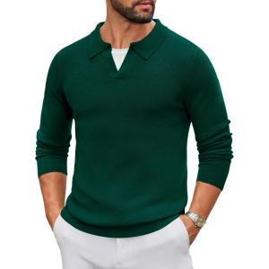imageCOOFANDY Mens Knit Polo Sweater Long Sleeve VNeck Pullover Sweaters Casual Collared Ribbed Knitted PolosDark Green