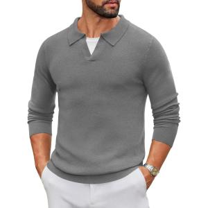 imageCOOFANDY Mens Knit Polo Sweater Long Sleeve VNeck Pullover Sweaters Casual Collared Ribbed Knitted PolosDark Grey