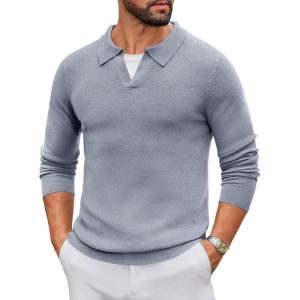 imageCOOFANDY Mens Knit Polo Sweater Long Sleeve VNeck Pullover Sweaters Casual Collared Ribbed Knitted PolosLight Grey