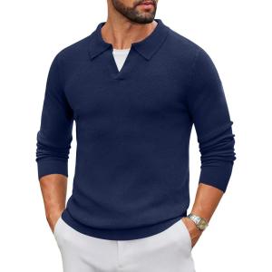 imageCOOFANDY Mens Knit Polo Sweater Long Sleeve VNeck Pullover Sweaters Casual Collared Ribbed Knitted PolosNavy Blue