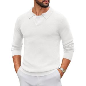 imageCOOFANDY Mens Knit Polo Sweater Long Sleeve VNeck Pullover Sweaters Casual Collared Ribbed Knitted PolosWhite