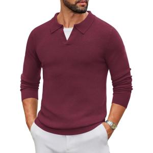 imageCOOFANDY Mens Knit Polo Sweater Long Sleeve VNeck Pullover Sweaters Casual Collared Ribbed Knitted PolosWine Red