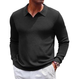imageCOOFANDY Mens Knit Polo Sweater VNeck Long Sleeve Textured Lightweight Casual Dress Pullover Fall SweatersBlack