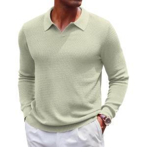 imageCOOFANDY Mens Knit Polo Sweater VNeck Long Sleeve Textured Lightweight Casual Dress Pullover Fall SweatersCeladon