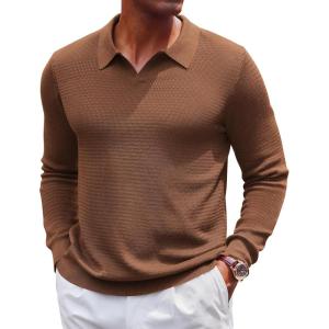 imageCOOFANDY Mens Knit Polo Sweater VNeck Long Sleeve Textured Lightweight Casual Dress Pullover Fall SweatersCoffee