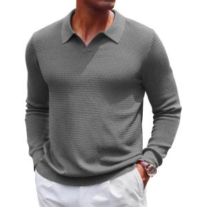 imageCOOFANDY Mens Knit Polo Sweater VNeck Long Sleeve Textured Lightweight Casual Dress Pullover Fall SweatersDark Grey