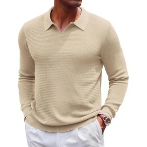 imageCOOFANDY Mens Knit Polo Sweater VNeck Long Sleeve Textured Lightweight Casual Dress Pullover Fall SweatersKhaki