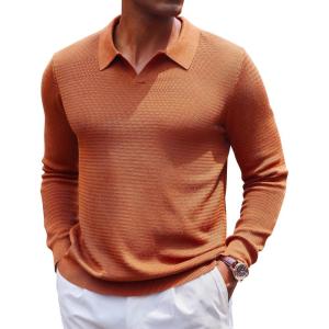 imageCOOFANDY Mens Knit Polo Sweater VNeck Long Sleeve Textured Lightweight Casual Dress Pullover Fall SweatersLight Brown