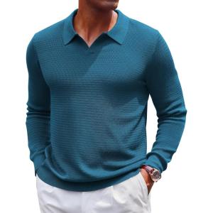 imageCOOFANDY Mens Knit Polo Sweater VNeck Long Sleeve Textured Lightweight Casual Dress Pullover Fall SweatersPeacock Blue