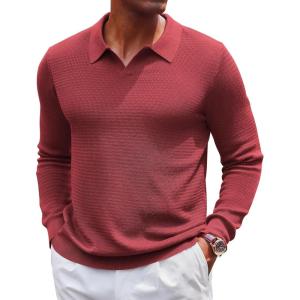 imageCOOFANDY Mens Knit Polo Sweater VNeck Long Sleeve Textured Lightweight Casual Dress Pullover Fall SweatersWine Red