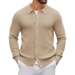 imageCOOFANDY Mens Knit Pullover Sweater Long Sleeve Casual Sweater Open Front Ribbed SweaterLight Khaki