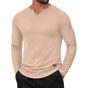 imageCOOFANDY Mens Long Sleeve Muscle T Shirts Casual VNeck Slim Fit Longline Ribbed Shirts Stretch Tee ShirtsBeige