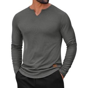 imageCOOFANDY Mens Long Sleeve Muscle T Shirts Casual VNeck Slim Fit Longline Ribbed Shirts Stretch Tee ShirtsDark Grey