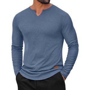 imageCOOFANDY Mens Long Sleeve Muscle T Shirts Casual VNeck Slim Fit Longline Ribbed Shirts Stretch Tee ShirtsGrey Blue