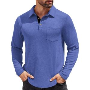 imageCOOFANDY Mens Long Sleeve Polo Shirt Casual Dress Button Polo T Shirt with Pocket Basic Lightweight Collared Golf ShirtBlue