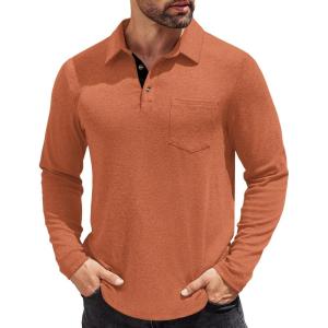 imageCOOFANDY Mens Long Sleeve Polo Shirt Casual Dress Button Polo T Shirt with Pocket Basic Lightweight Collared Golf ShirtCaramel