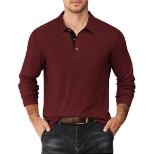 imageCOOFANDY Mens Long Sleeve Polo Shirt Casual Dress Button Polo T Shirt with Pocket Basic Lightweight Collared Golf ShirtRed