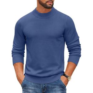 imageCOOFANDY Mens Mock Turtleneck Ribbed Knit Pullover Sweater Casual Lightweight Slim fit Dress SweaterDenim Blue