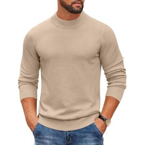 imageCOOFANDY Mens Mock Turtleneck Ribbed Knit Pullover Sweater Casual Lightweight Slim fit Dress SweaterLight Khaki
