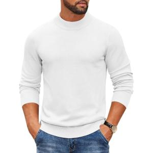 imageCOOFANDY Mens Mock Turtleneck Ribbed Knit Pullover Sweater Casual Lightweight Slim fit Dress SweaterWhite
