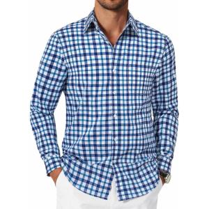 imageCOOFANDY Mens Plaid Button Down Shirt Cotton Long Sleeves Dress Shirt Wrinkle Free Casual Gingham ShirtBlue Gingham