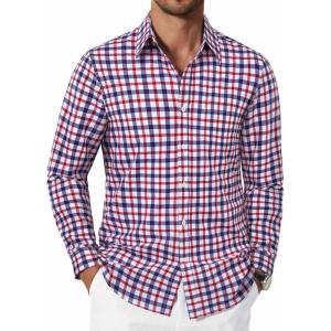 imageCOOFANDY Mens Plaid Button Down Shirt Cotton Long Sleeves Dress Shirt Wrinkle Free Casual Gingham ShirtBlue Red Gingham