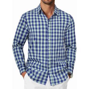 imageCOOFANDY Mens Plaid Button Down Shirt Cotton Long Sleeves Dress Shirt Wrinkle Free Casual Gingham ShirtNavy Blue Green Plaid