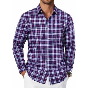 imageCOOFANDY Mens Plaid Button Down Shirt Cotton Long Sleeves Dress Shirt Wrinkle Free Casual Gingham ShirtNavy Blue Red Plaid