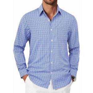imageCOOFANDY Mens Plaid Button Down Shirt Cotton Long Sleeves Dress Shirt Wrinkle Free Casual Gingham ShirtSky Blue Gingham