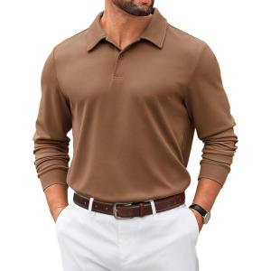 imageCOOFANDY Mens Polo Shirts 2025 Long Sleeve Casual Golf Shirts Light Weight Moisture Wicking Pullover ShirtsBrown