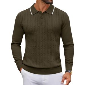 imageCOOFANDY Mens Polo Sweater Casual Long Sleeve Knit Polos Button Down Collared Golf Pullover SweatersArmy Green