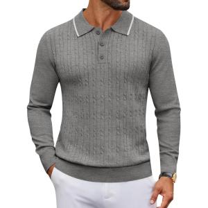 imageCOOFANDY Mens Polo Sweater Casual Long Sleeve Knit Polos Button Down Collared Golf Pullover SweatersDark Grey
