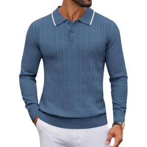 imageCOOFANDY Mens Polo Sweater Casual Long Sleeve Knit Polos Button Down Collared Golf Pullover SweatersDenim Blue