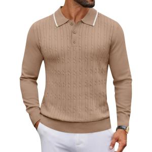 imageCOOFANDY Mens Polo Sweater Casual Long Sleeve Knit Polos Button Down Collared Golf Pullover SweatersKhaki