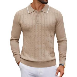 imageCOOFANDY Mens Polo Sweater Casual Long Sleeve Knit Polos Button Down Collared Golf Pullover SweatersLight Khaki