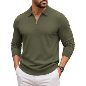 imageCOOFANDY Mens Quarter Zip Polo Sweater Long Sleeve Knit Polo Casual Lightweight Dress PulloverArmy Green