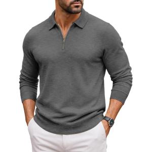 imageCOOFANDY Mens Quarter Zip Polo Sweater Long Sleeve Knit Polo Casual Lightweight Dress PulloverDark Grey
