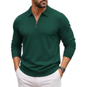 imageCOOFANDY Mens Quarter Zip Polo Sweater Long Sleeve Knit Polo Casual Lightweight Dress PulloverGreen