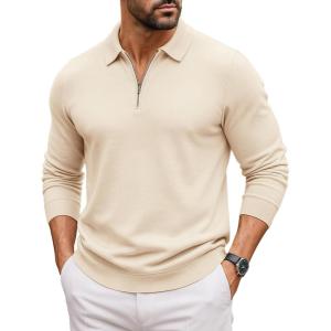 imageCOOFANDY Mens Quarter Zip Polo Sweater Long Sleeve Knit Polo Casual Lightweight Dress PulloverKhaki