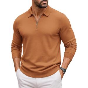 imageCOOFANDY Mens Quarter Zip Polo Sweater Long Sleeve Knit Polo Casual Lightweight Dress PulloverLight Brown