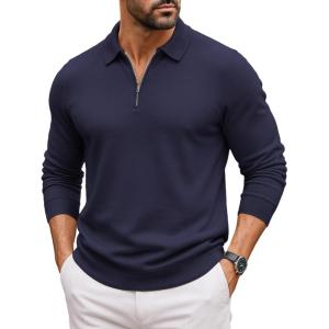 imageCOOFANDY Mens Quarter Zip Polo Sweater Long Sleeve Knit Polo Casual Lightweight Dress PulloverNavy Blue