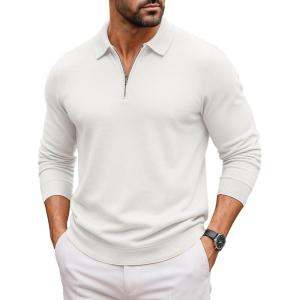 imageCOOFANDY Mens Quarter Zip Polo Sweater Long Sleeve Knit Polo Casual Lightweight Dress PulloverWhite